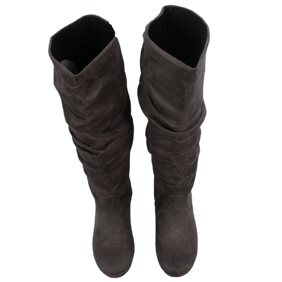 Grey Faux Suede Slouchy Knee High Flat Boot - Picture 6 of 7